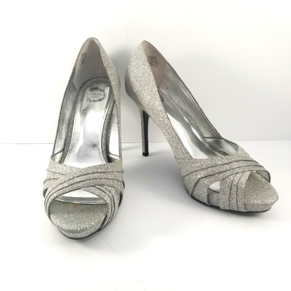 I. Miller‎ Womens Silver Glitter Peep Toe Platform Stiletto Pumps Heels 8.5M